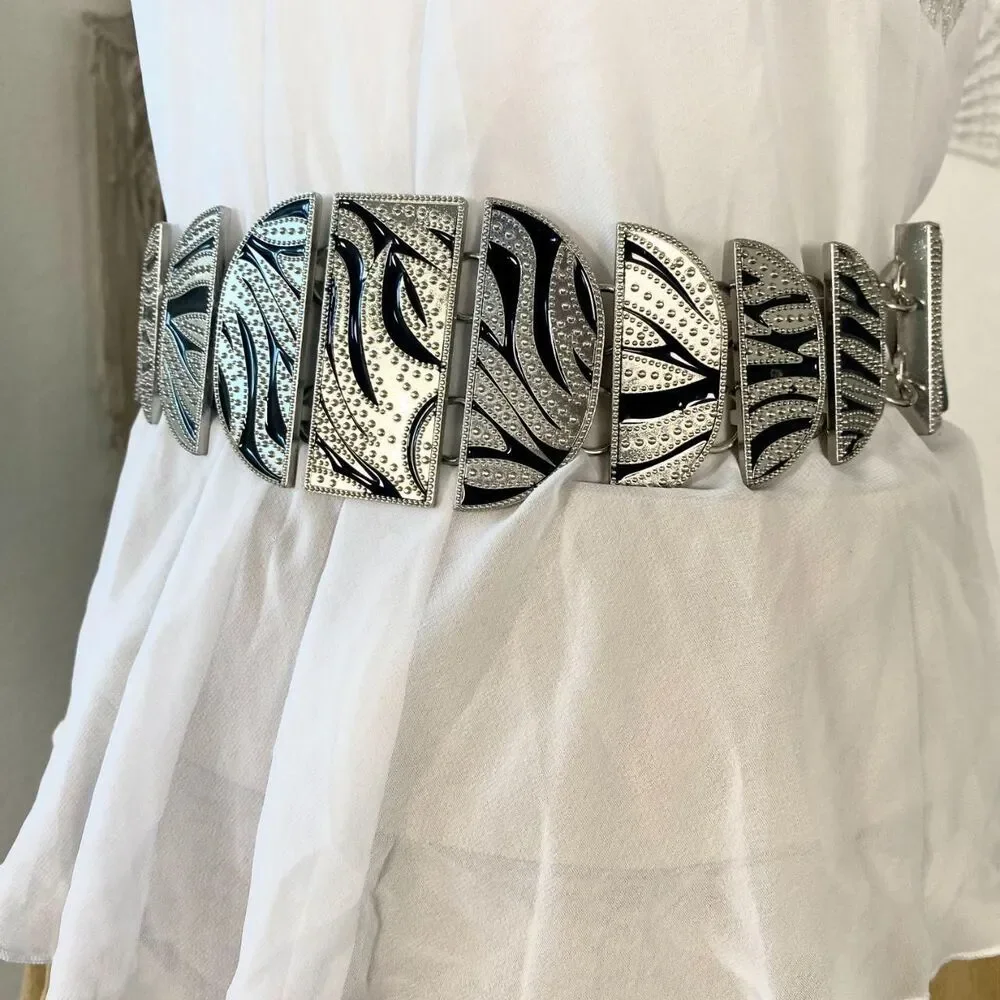 Chico's Early 2000's Belt ~ Black Silver Zebra Stretchy Waist Belt S / M
